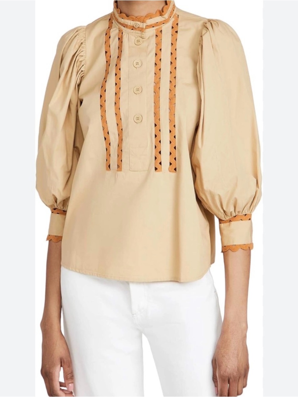 Antik Batik Mali Beige Puff-Sleeve Blouse with Tan Trim 36 XS